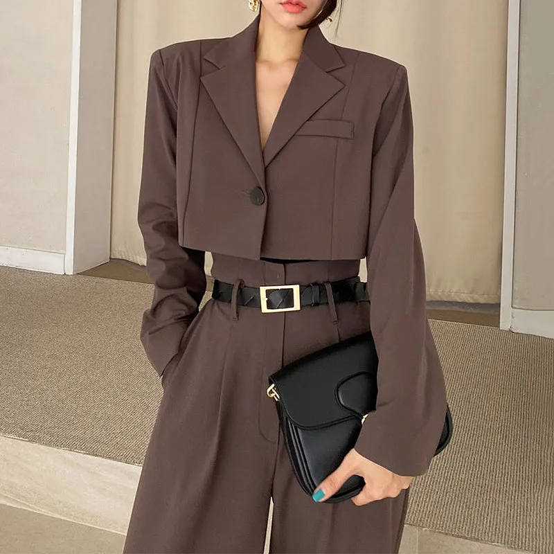 2pc Office Lady Blazer Suits Vintage Women Long Sleeve Short Blazer