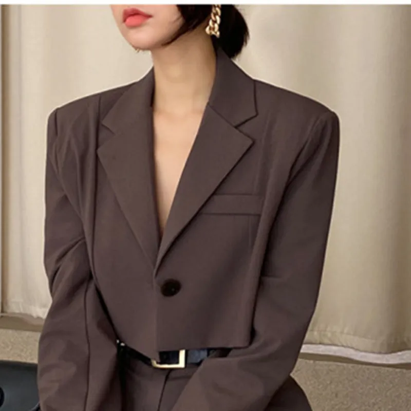 2pc Office Lady Blazer Suits Vintage Women Long Sleeve Short Blazer