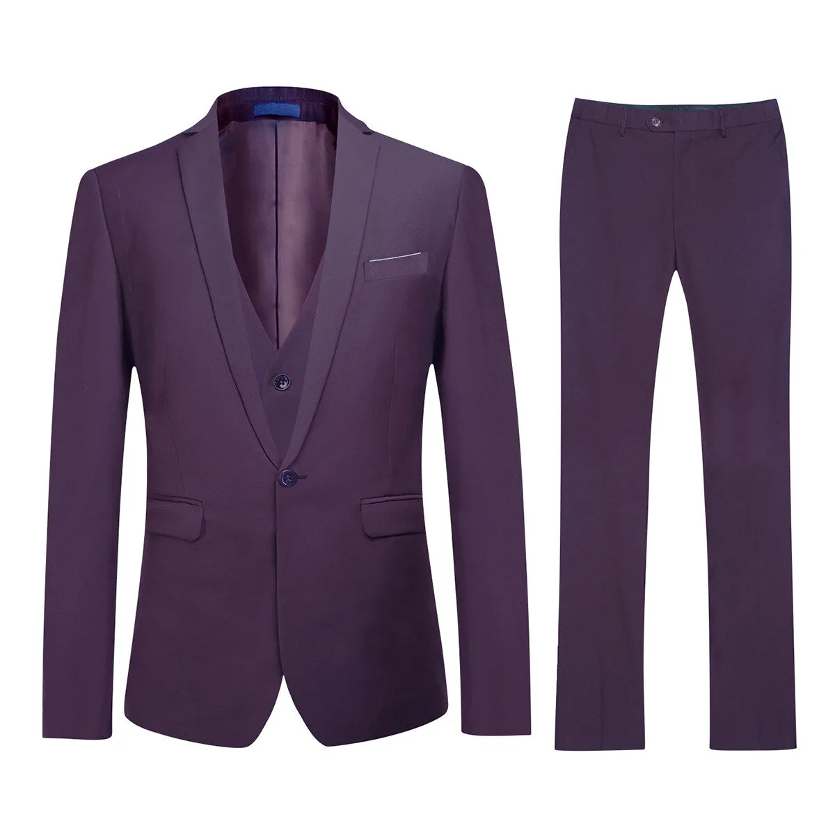 3-Piece One Button Formal Suit Dark Purple Suit