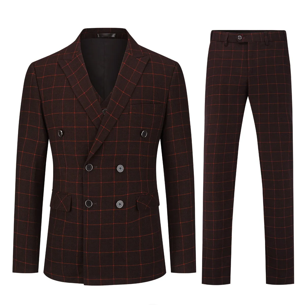 3-Piece Slim Fit Double Breasted Suit Plaid Red Suit