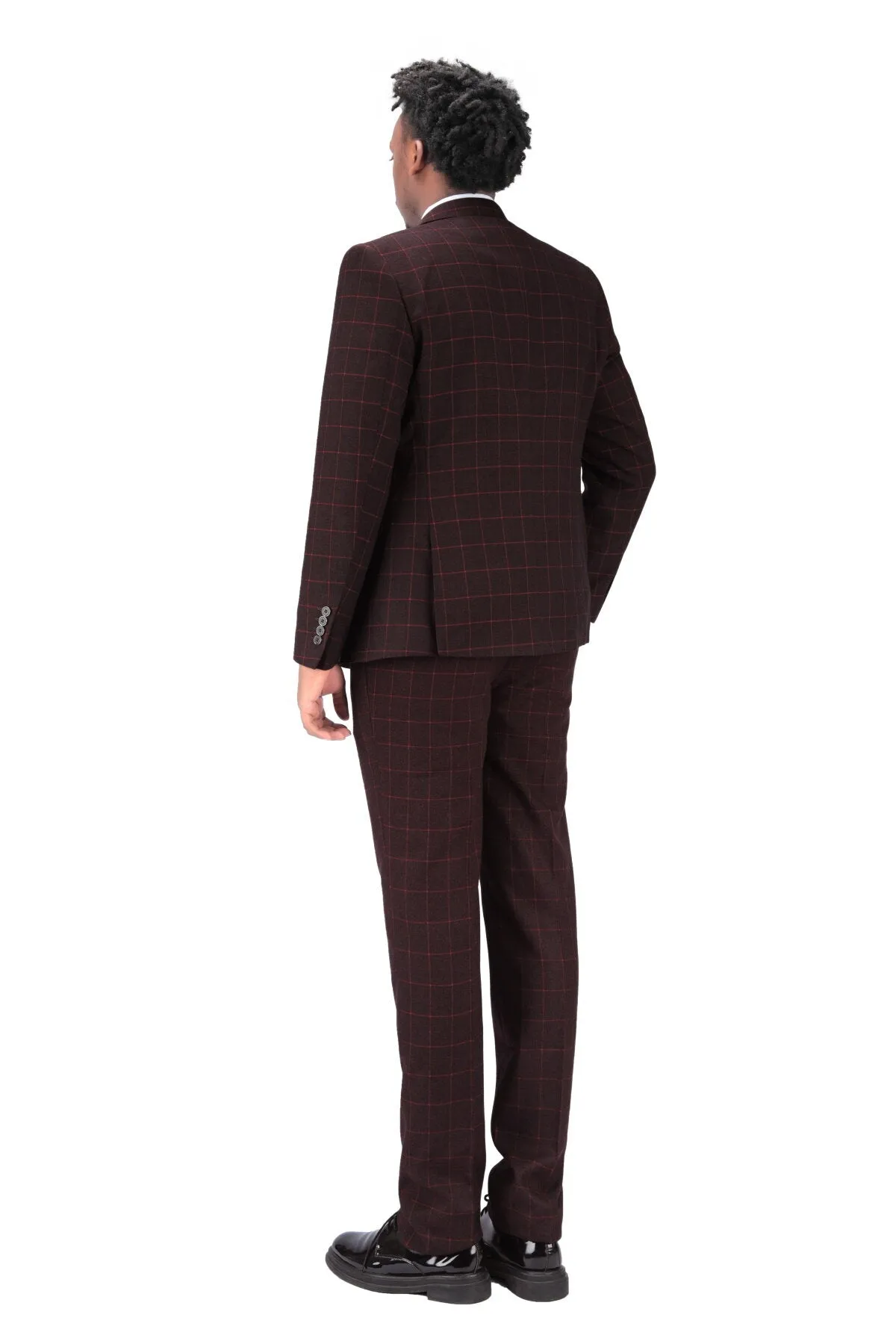 3-Piece Slim Fit Double Breasted Suit Plaid Red Suit