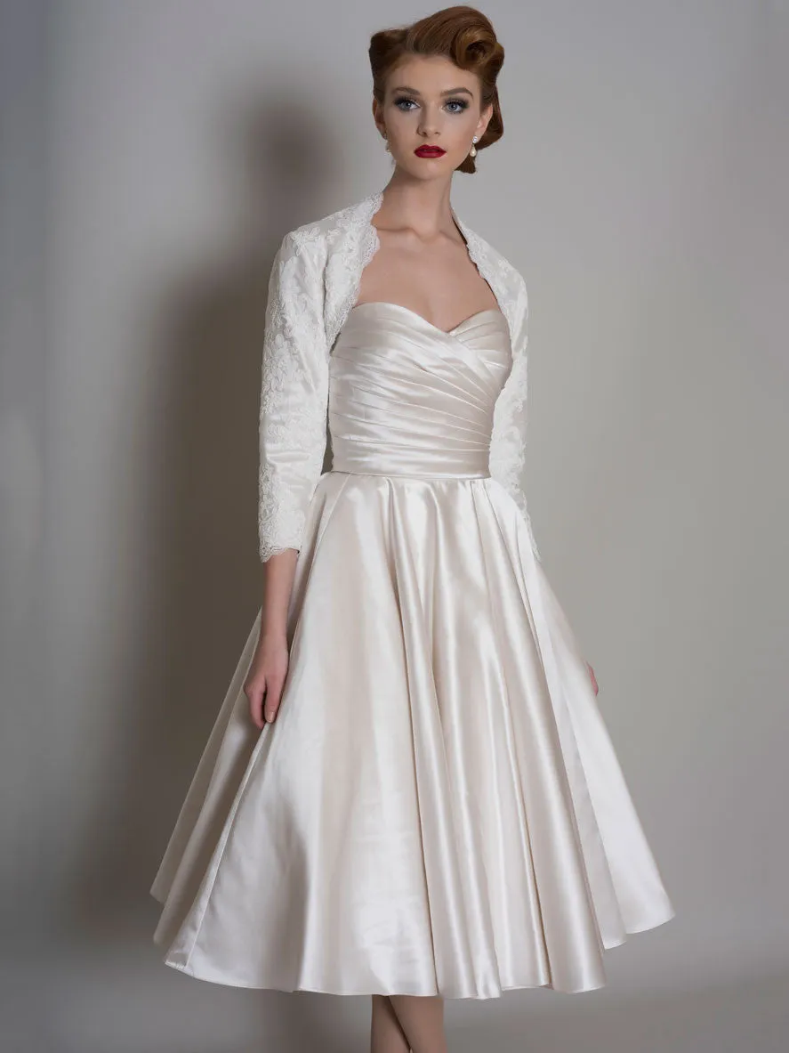 A-Line Sweetheart Criss-Cross Midi Satin Wedding Dress With Cape-MK_705316