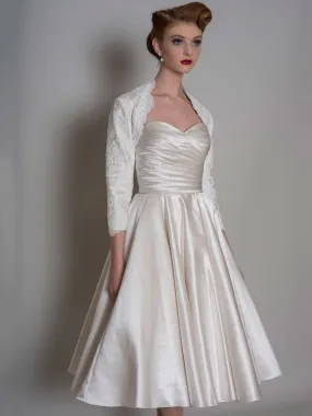 A-Line Sweetheart Criss-Cross Midi Satin Wedding Dress With Cape-MK_705316