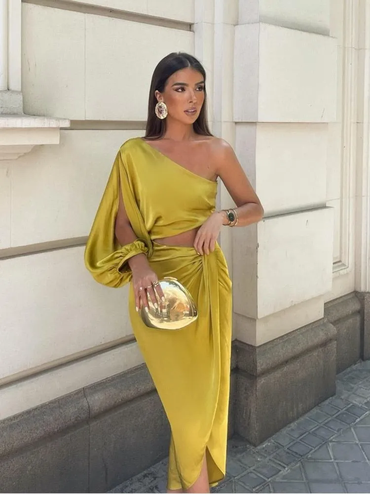 A&A One Shoulder Cut Out Asymmetrical Midi Dress