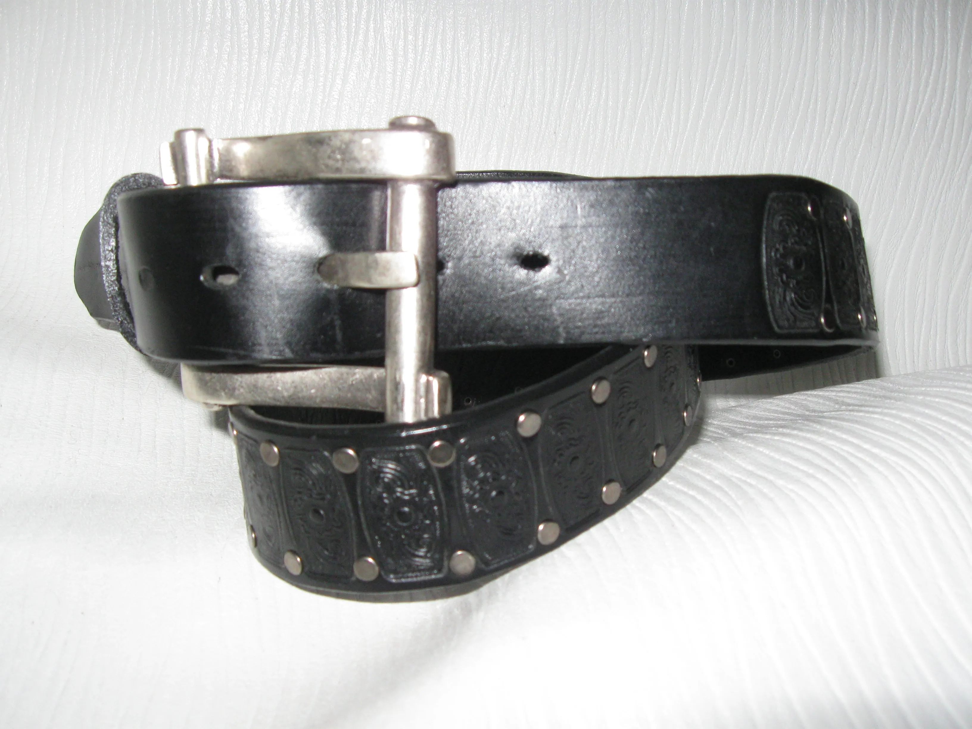 Antique Nickel Rivet Embossed Latigo Leather Belt