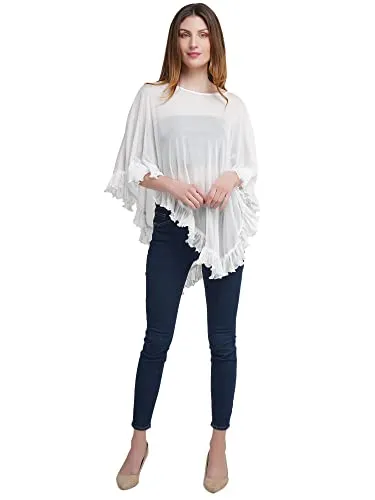 AOL Women's Power Net Ruffled Cape/Poncho(White, Free Size)