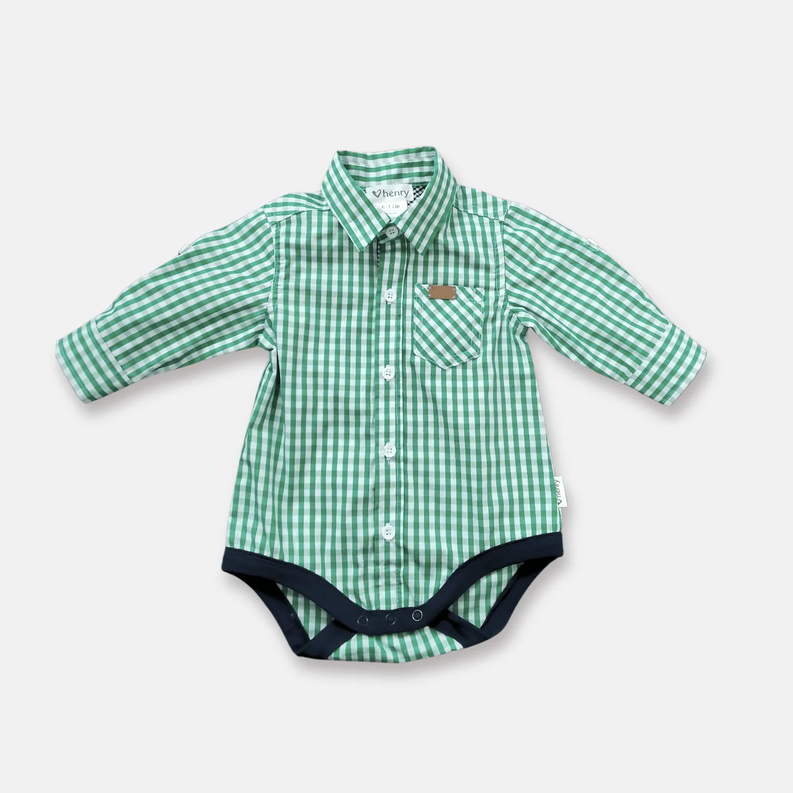 Baby Boys Dress Shirt Romper -  Bright Green Check