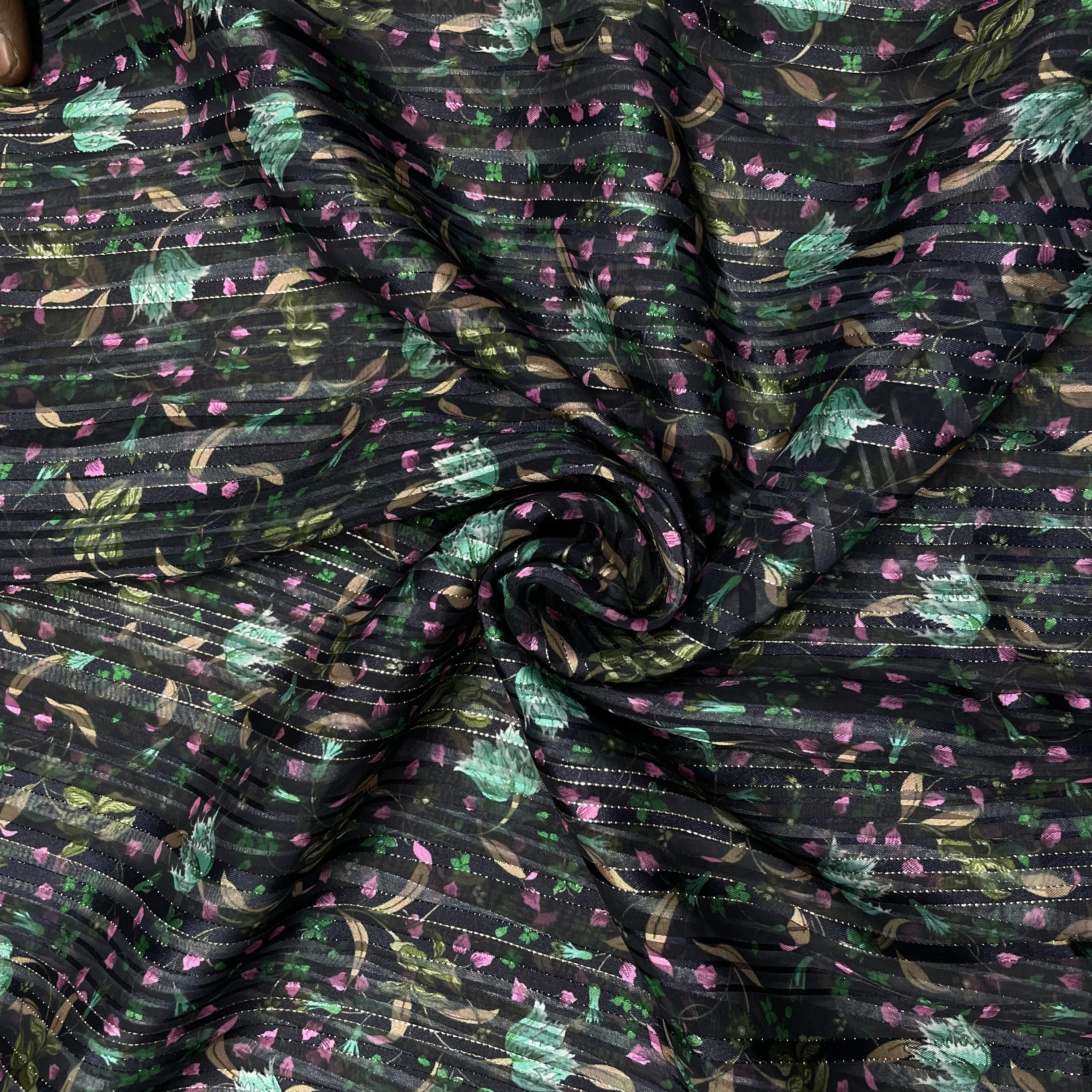 Black & Green Floral Lurex Organza Fabric