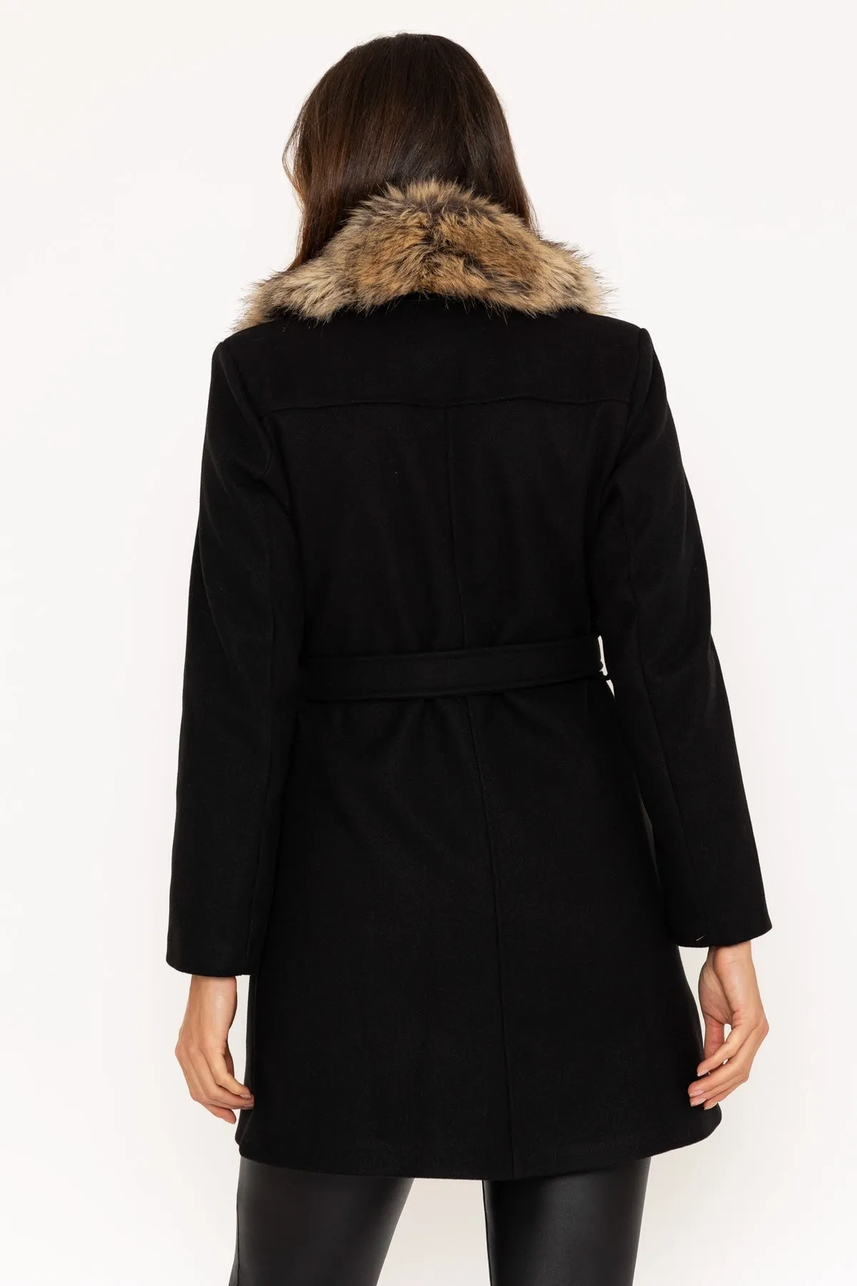 Black Faux Fur Trim Coat