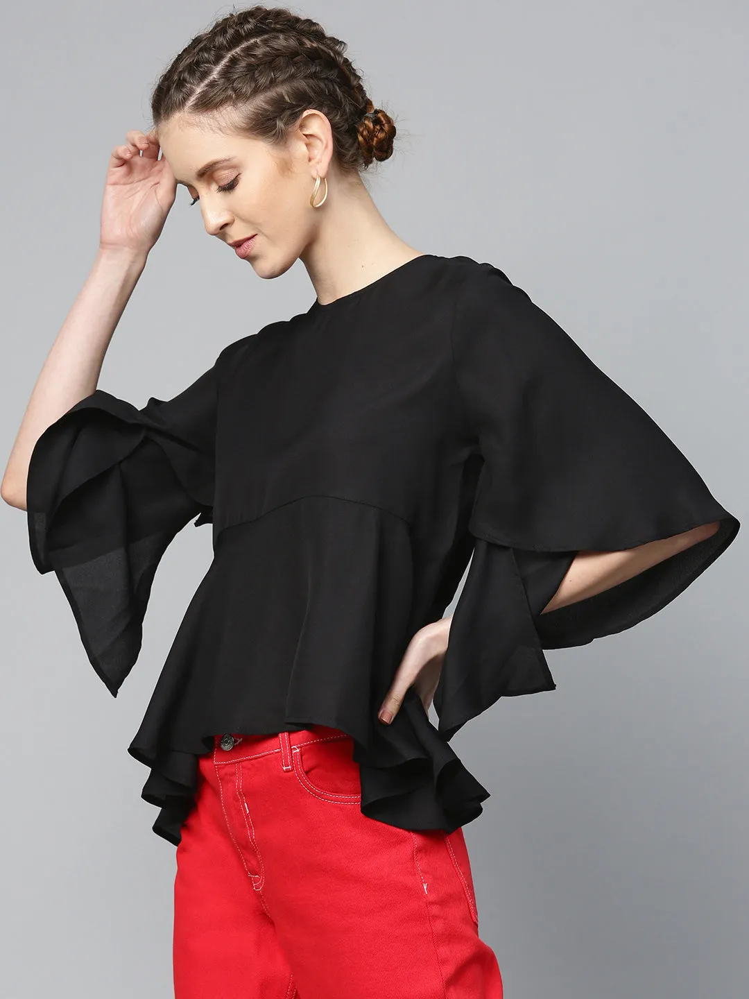 Black Flared Sleeve Cape Top