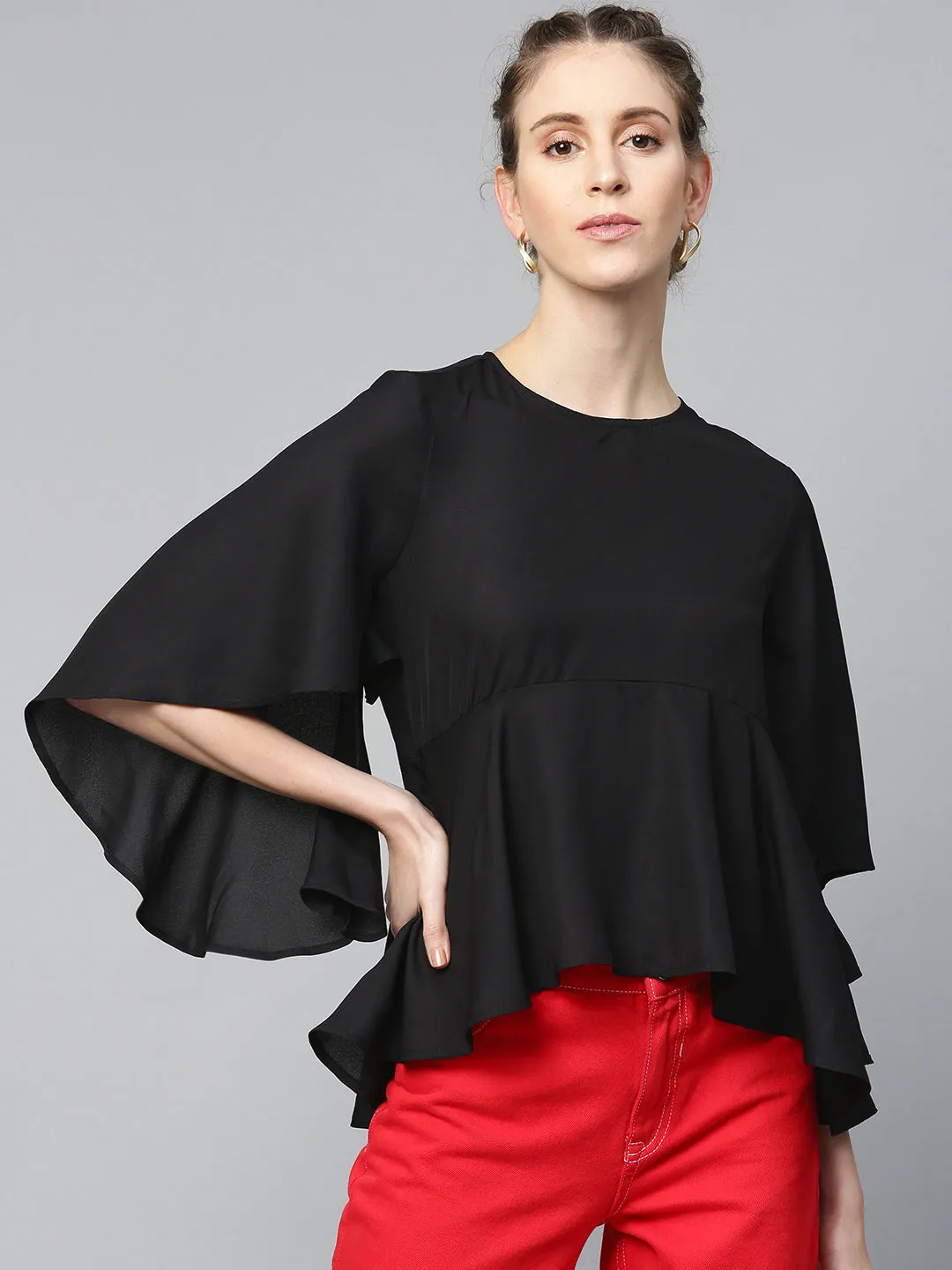 Black Flared Sleeve Cape Top