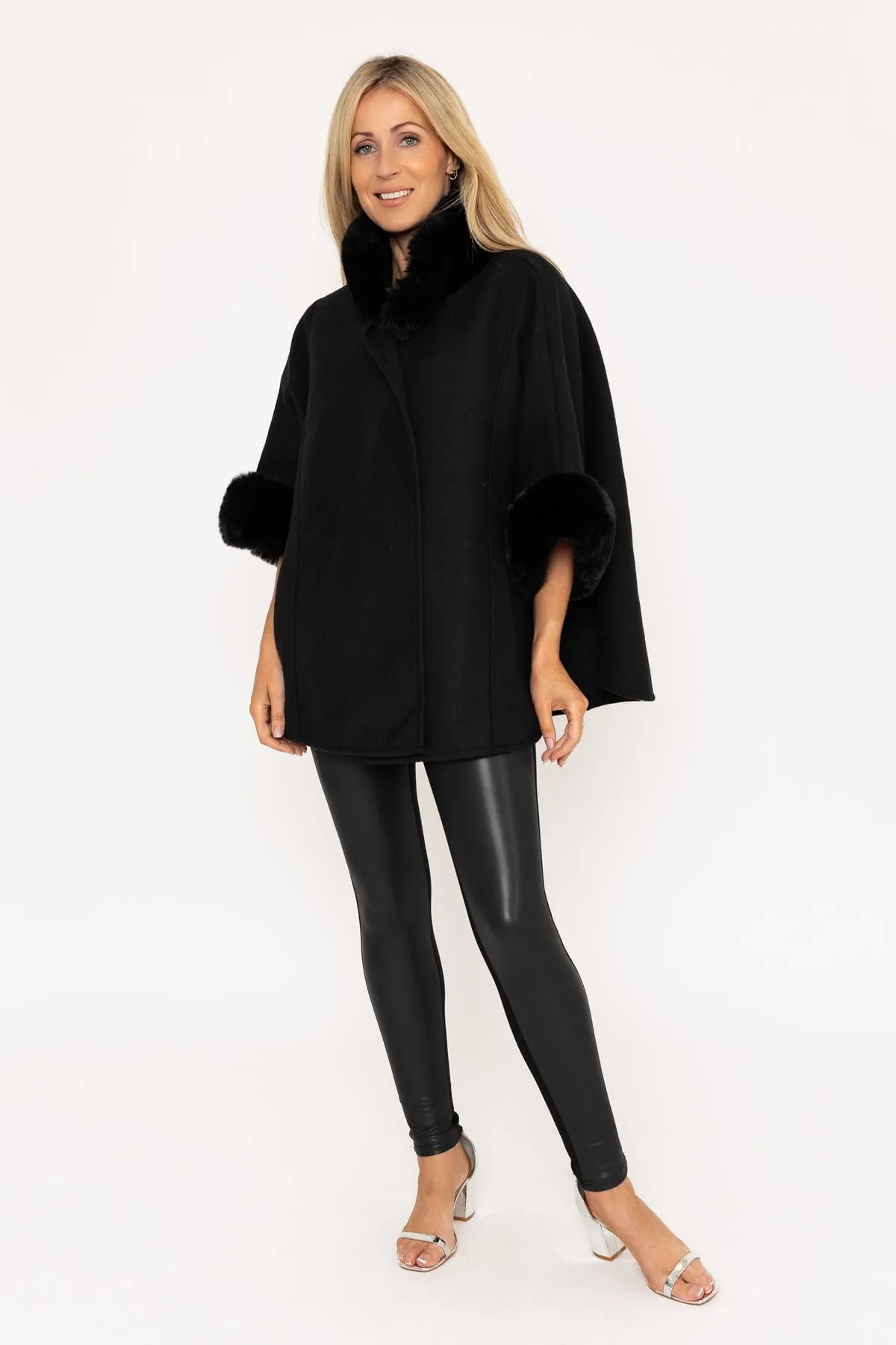 Black Fur Trim Cape Jacket