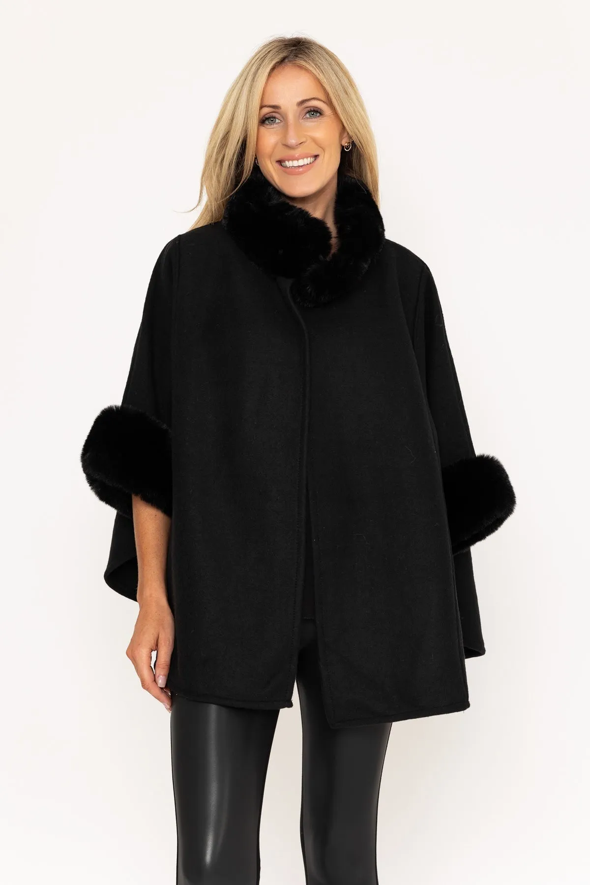 Black Fur Trim Cape Jacket