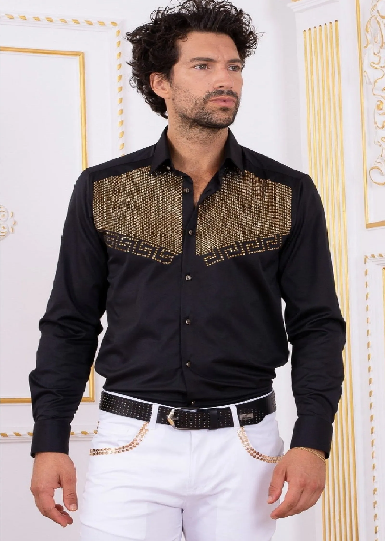 Black Gold "Meander" Rhinestone Shirt