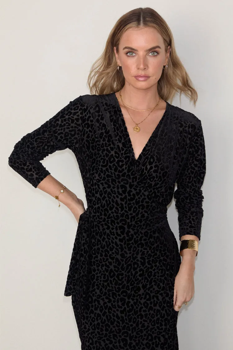 Black Leopard Devore Willow Wrap Dress