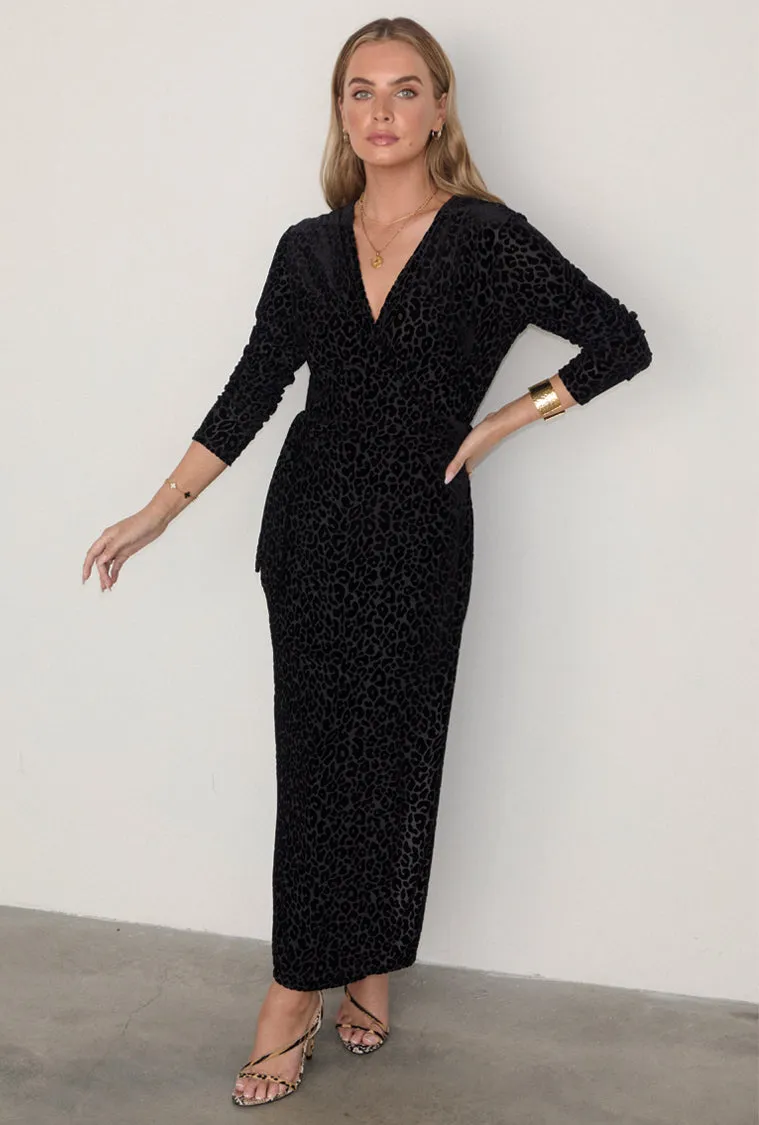 Black Leopard Devore Willow Wrap Dress