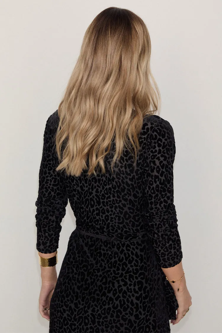 Black Leopard Devore Willow Wrap Dress