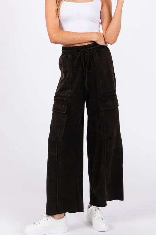 Black Stretched Mineral Washed Cargo Pants