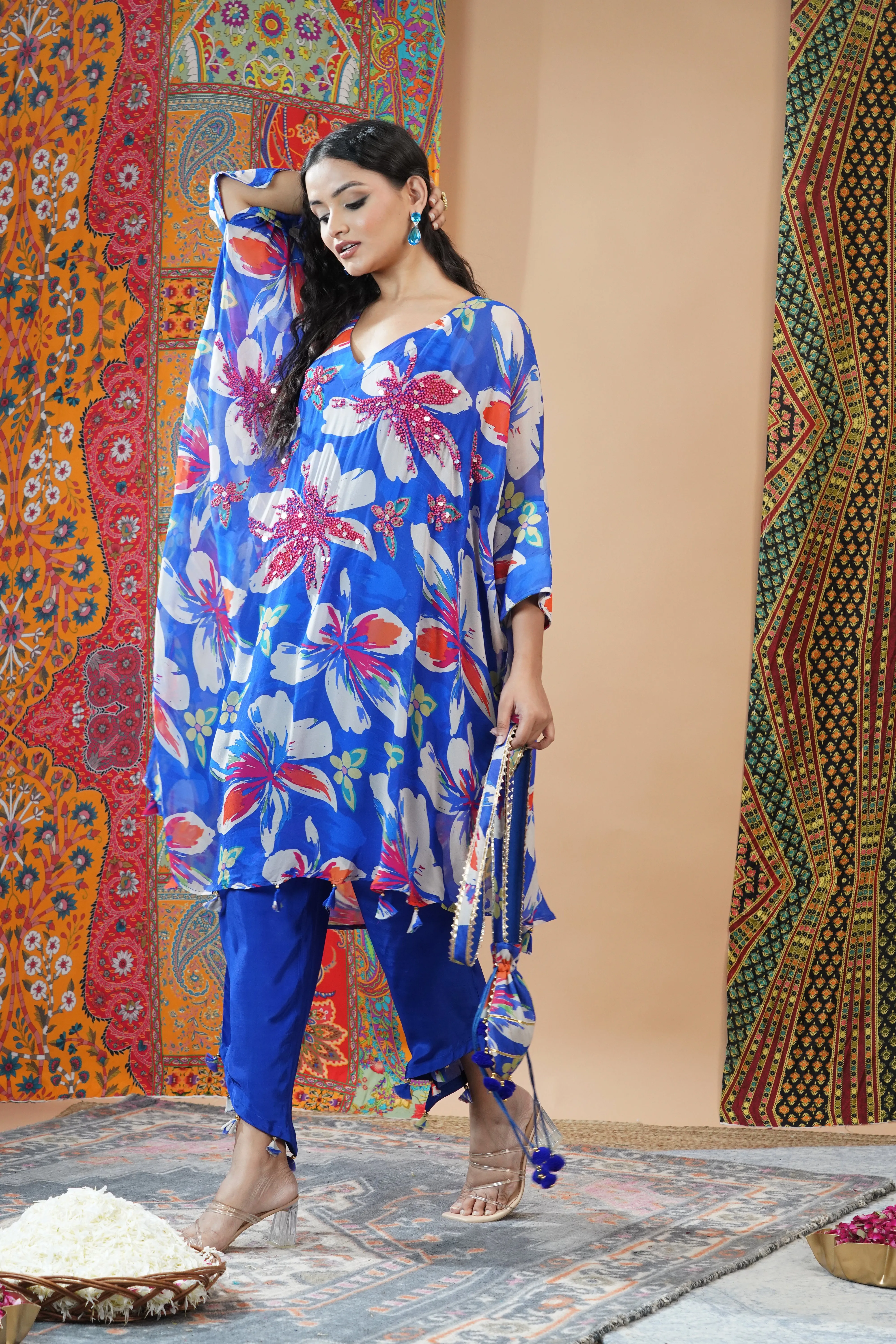 Blue Floral Printed Crepe Silk Kaftan Set