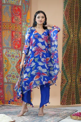 Blue Floral Printed Crepe Silk Kaftan Set