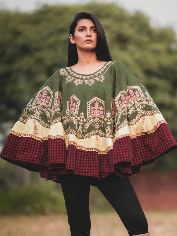 Boho Style Circular Winter Deep Green Khadi Poncho