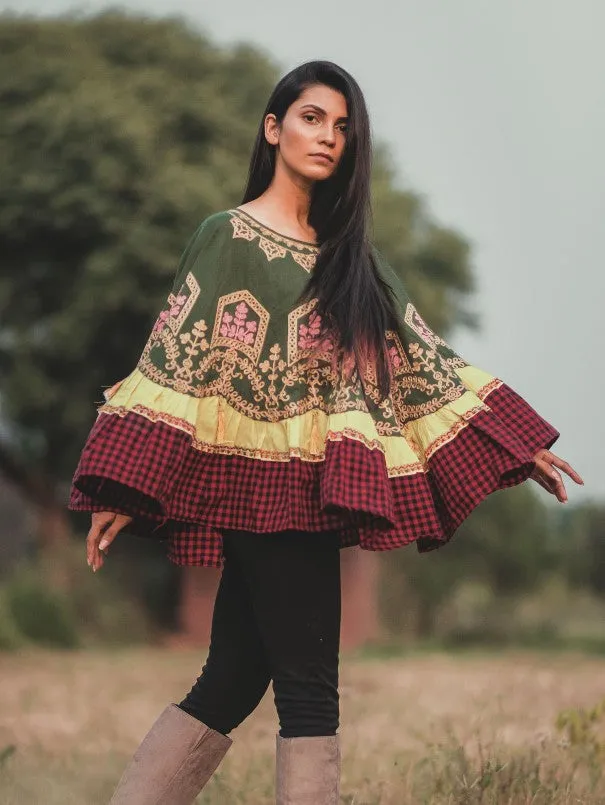 Boho Style Circular Winter Deep Green Khadi Poncho