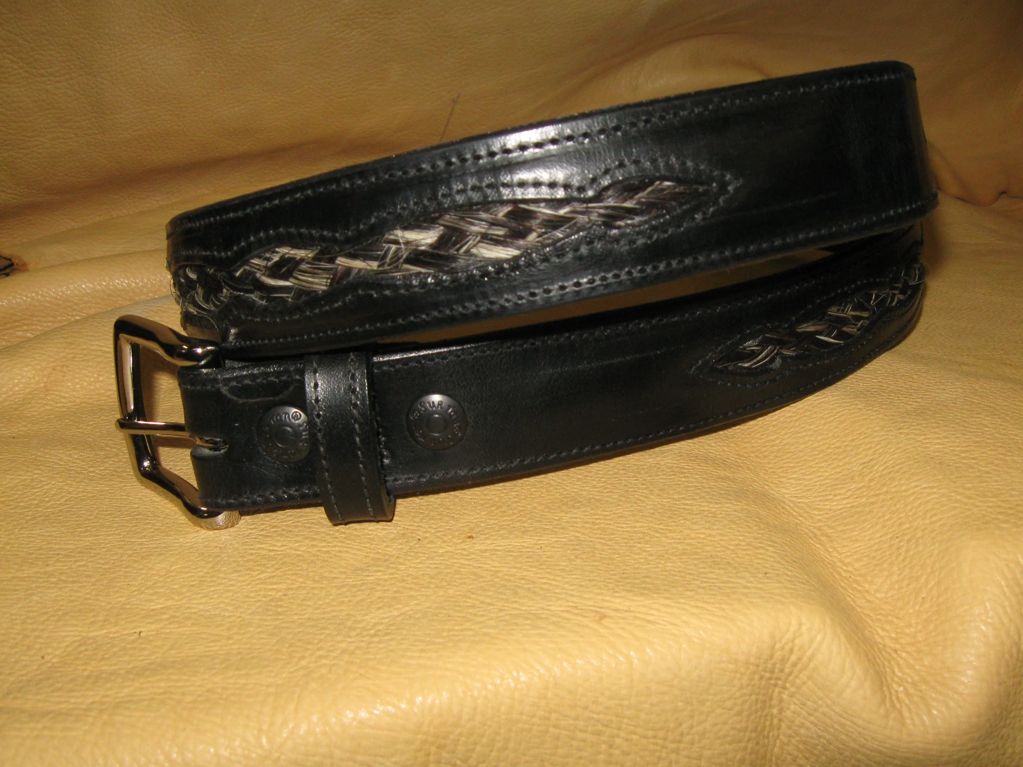 Braided Black-White Horsehair Inlay Design Harness Leather Belt