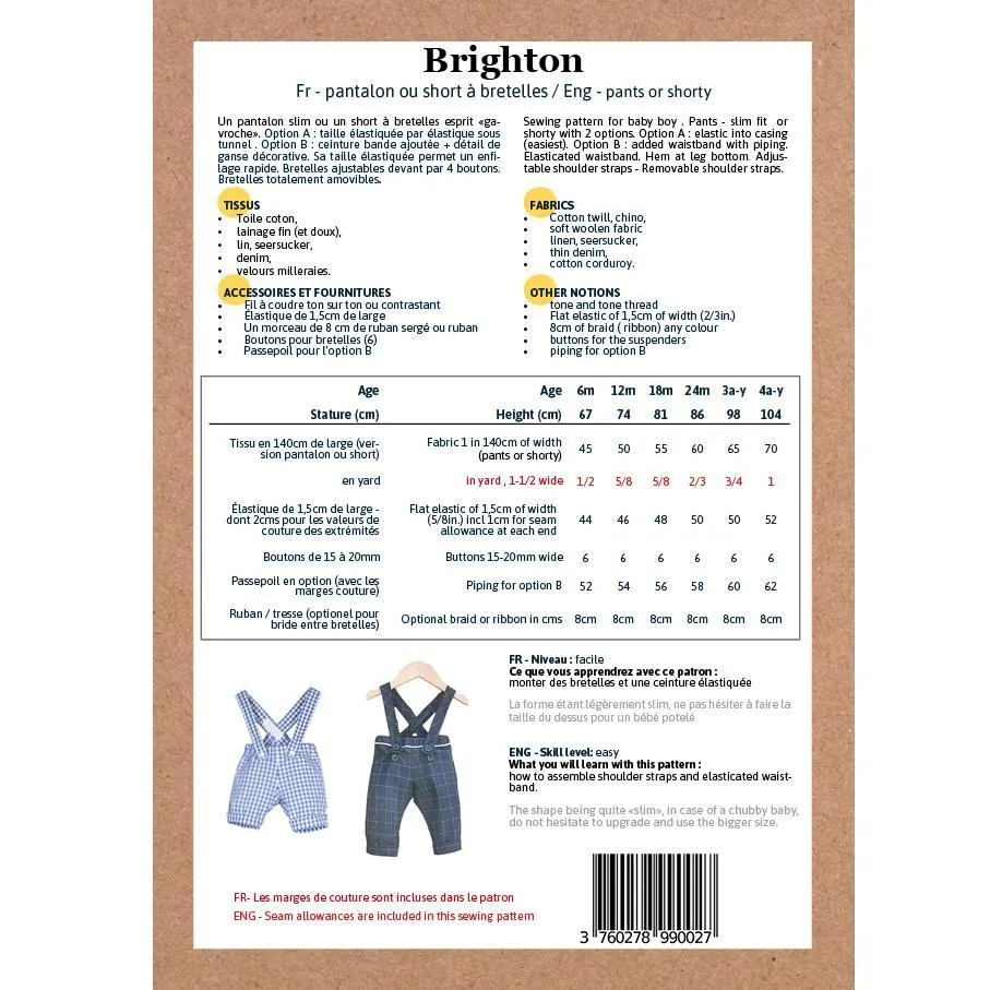 Brighton Pants/Shorty with Shoulder Straps Sewing Pattern - Baby 6m/4y - Ikatee