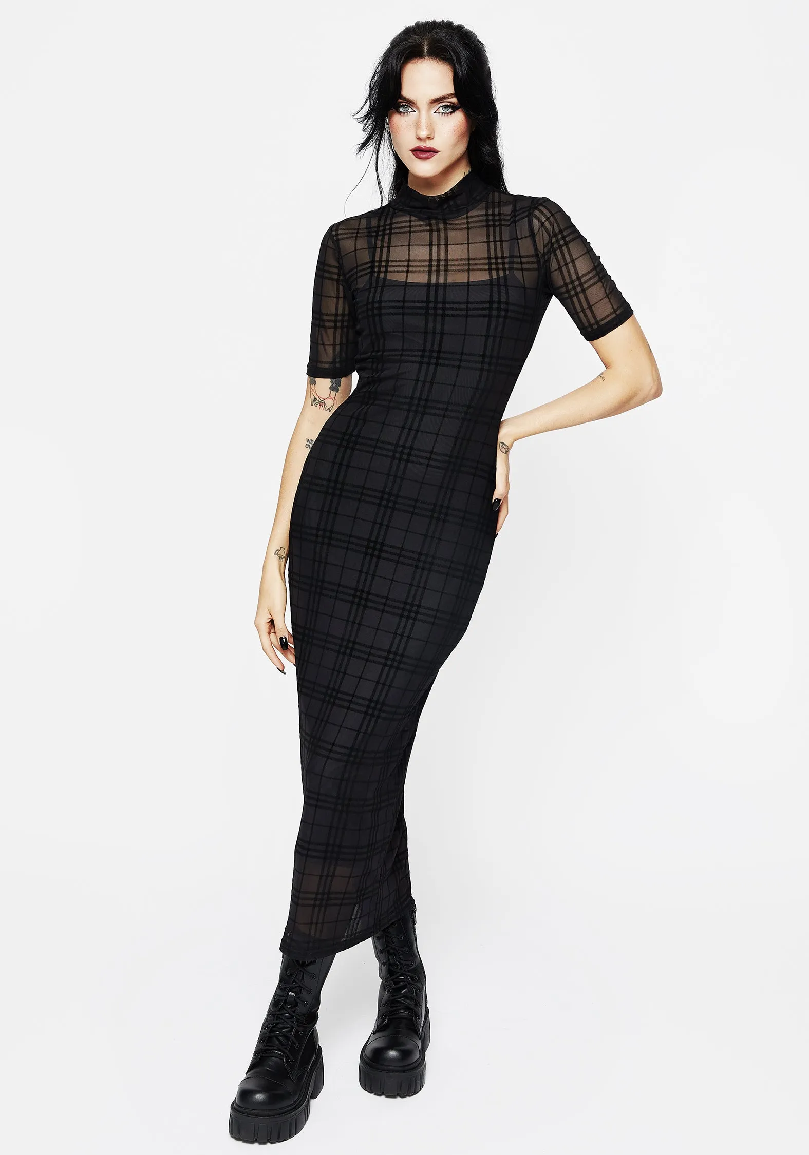 Buffy Flocked Velour Check Mesh Bodycon Midaxi Dress