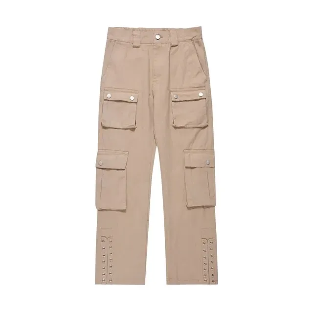 Button Holes Bottom Straight Cargo Pants