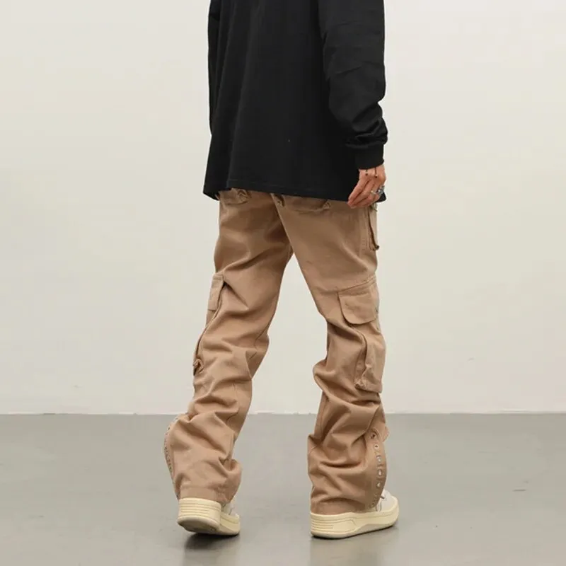 Button Holes Bottom Straight Cargo Pants