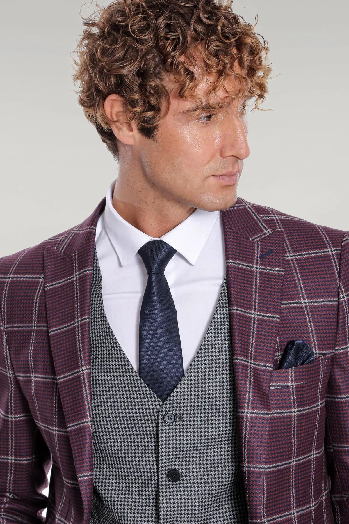 Checked Patterned Slim Fit Burgundy Men Suit - Wessi