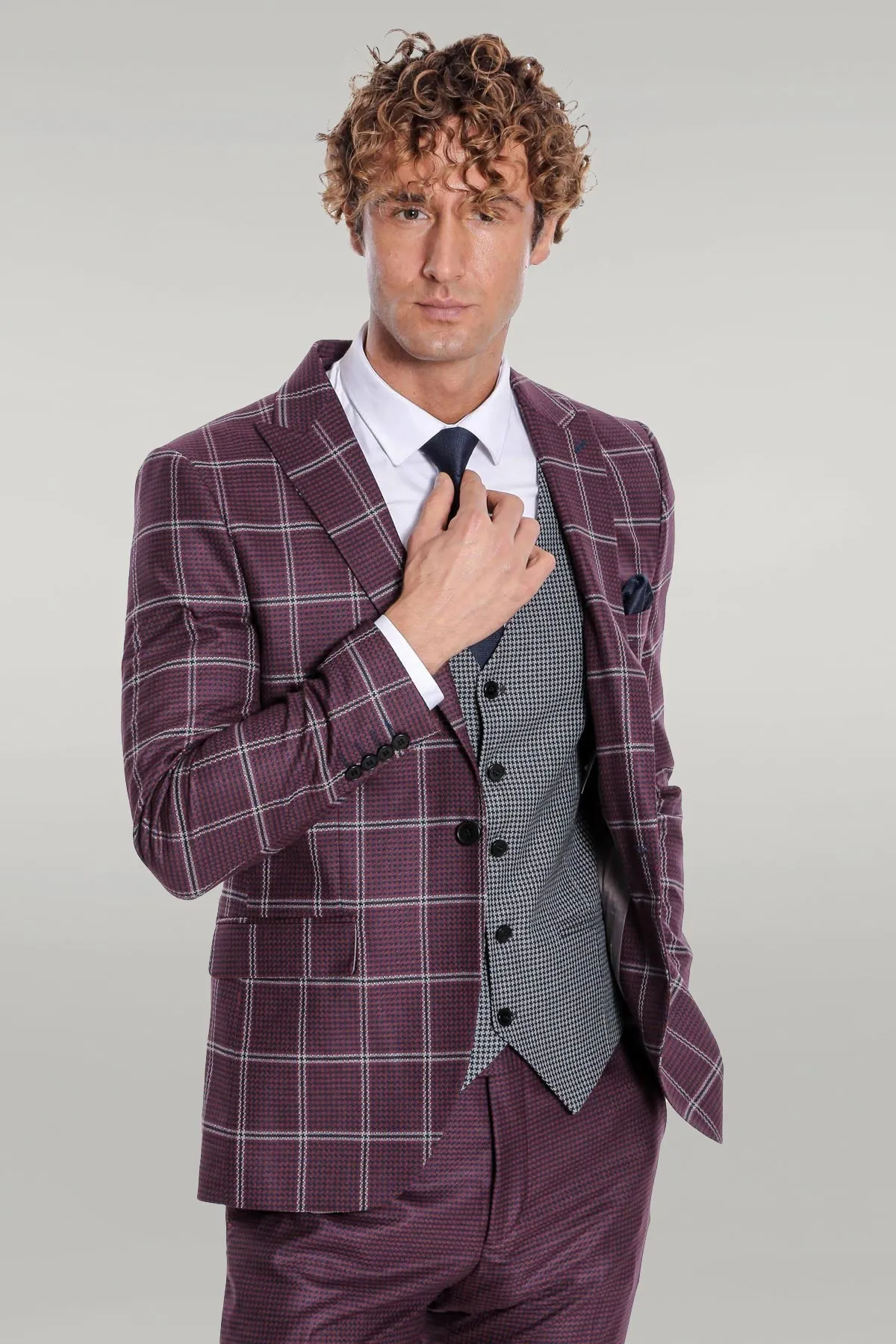 Checked Patterned Slim Fit Burgundy Men Suit - Wessi