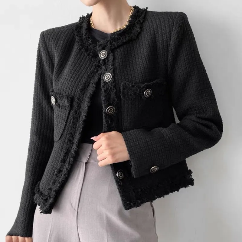 Classic Round Neck Tweed Jacket with Frayed Trims