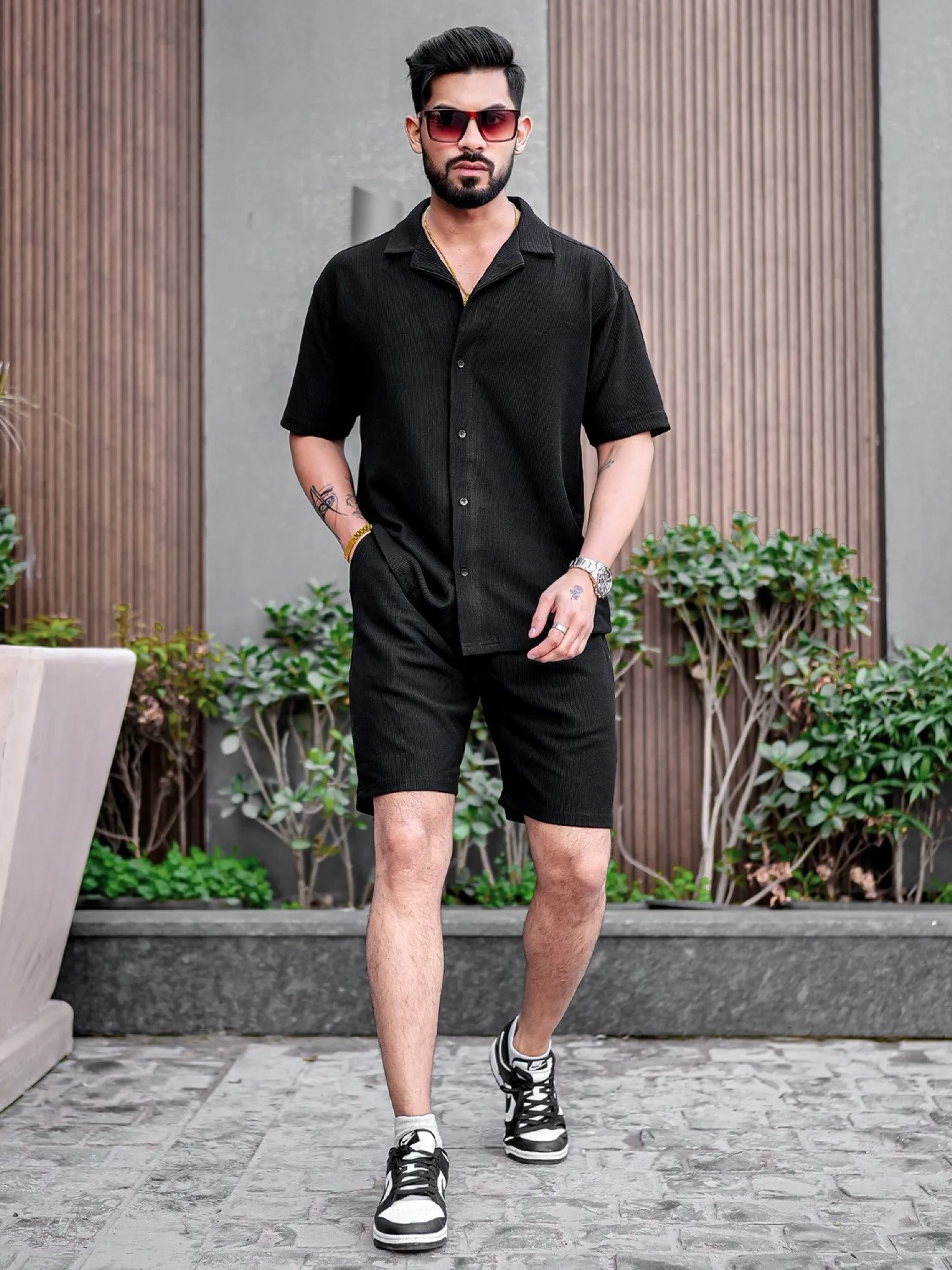 Cord Knit Textured Black Shirt