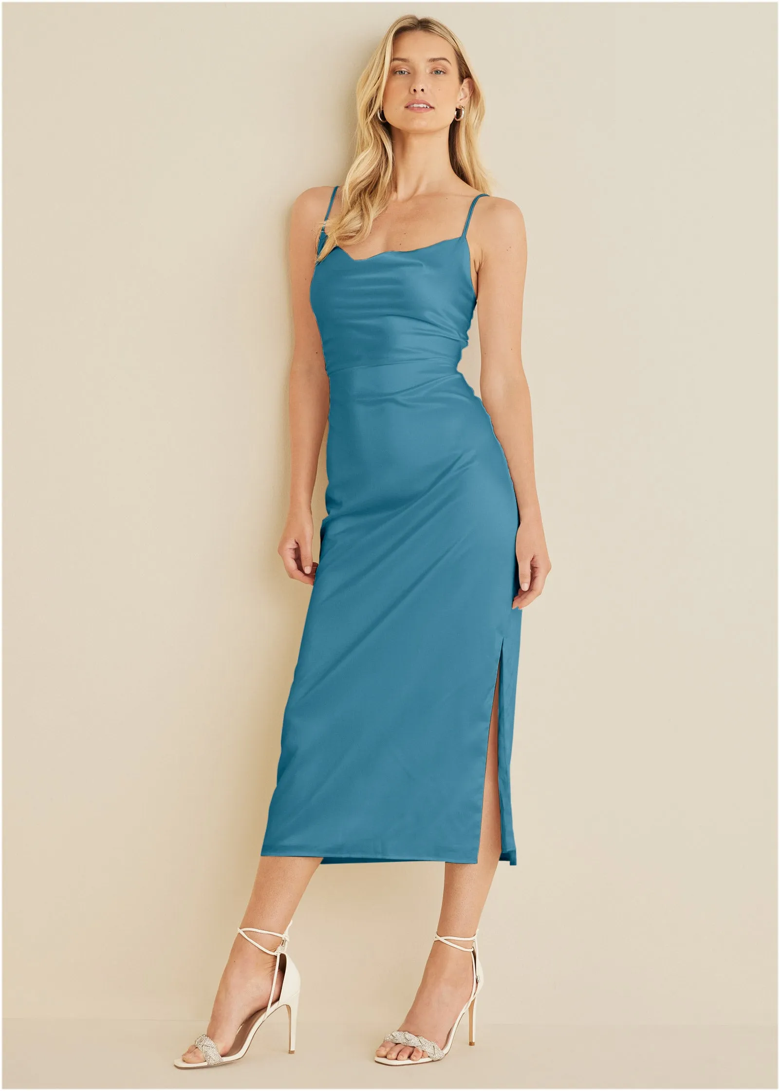 Cowl Neck Slip Dress - Blue