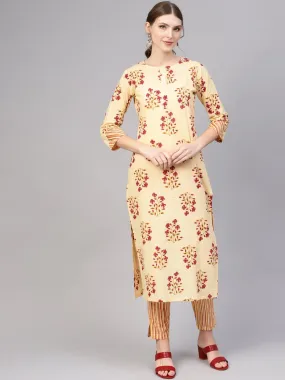 Cream & Pink Printed Straight Kurta With Striped Pants