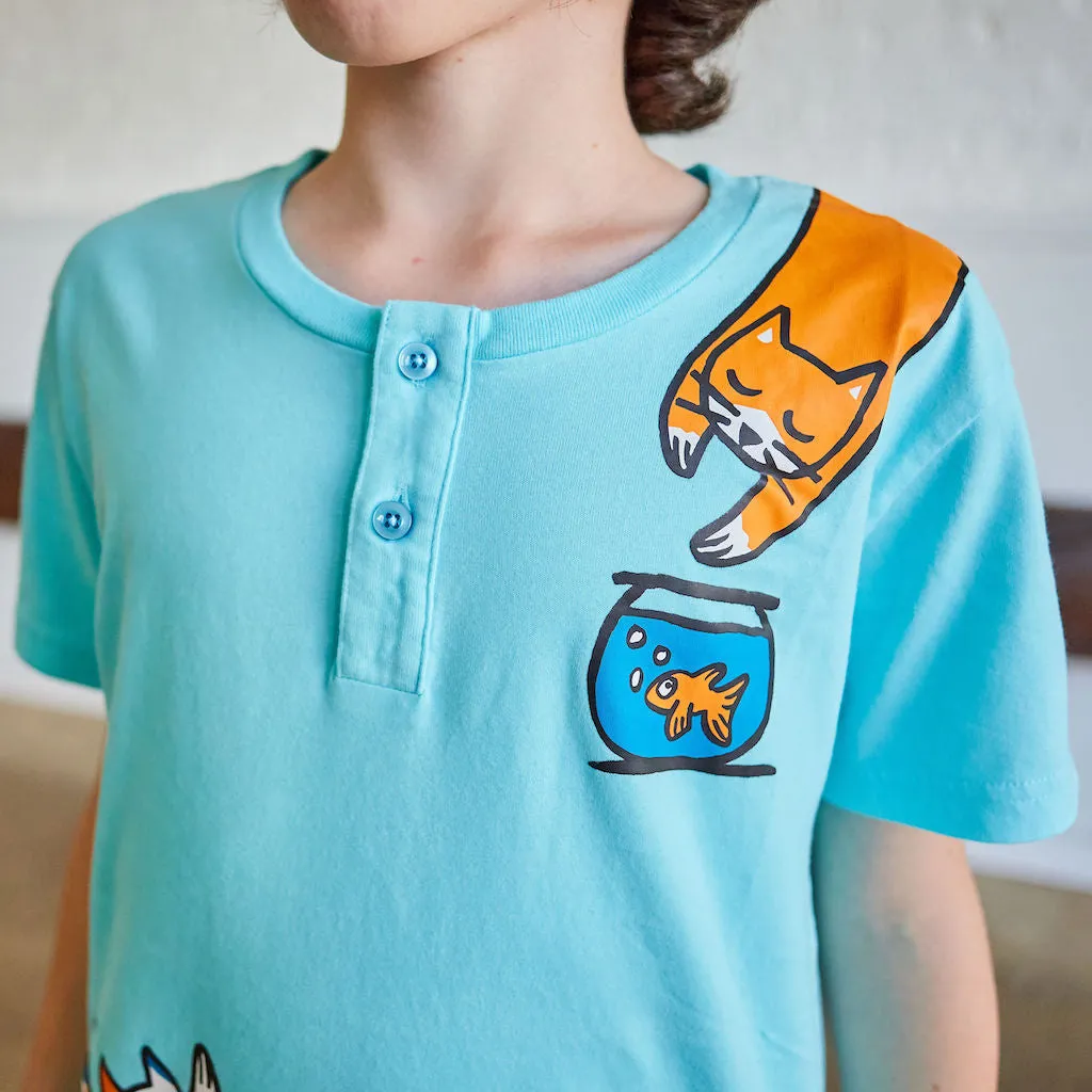 Curious Cats Short Sleeve Henley Shirt