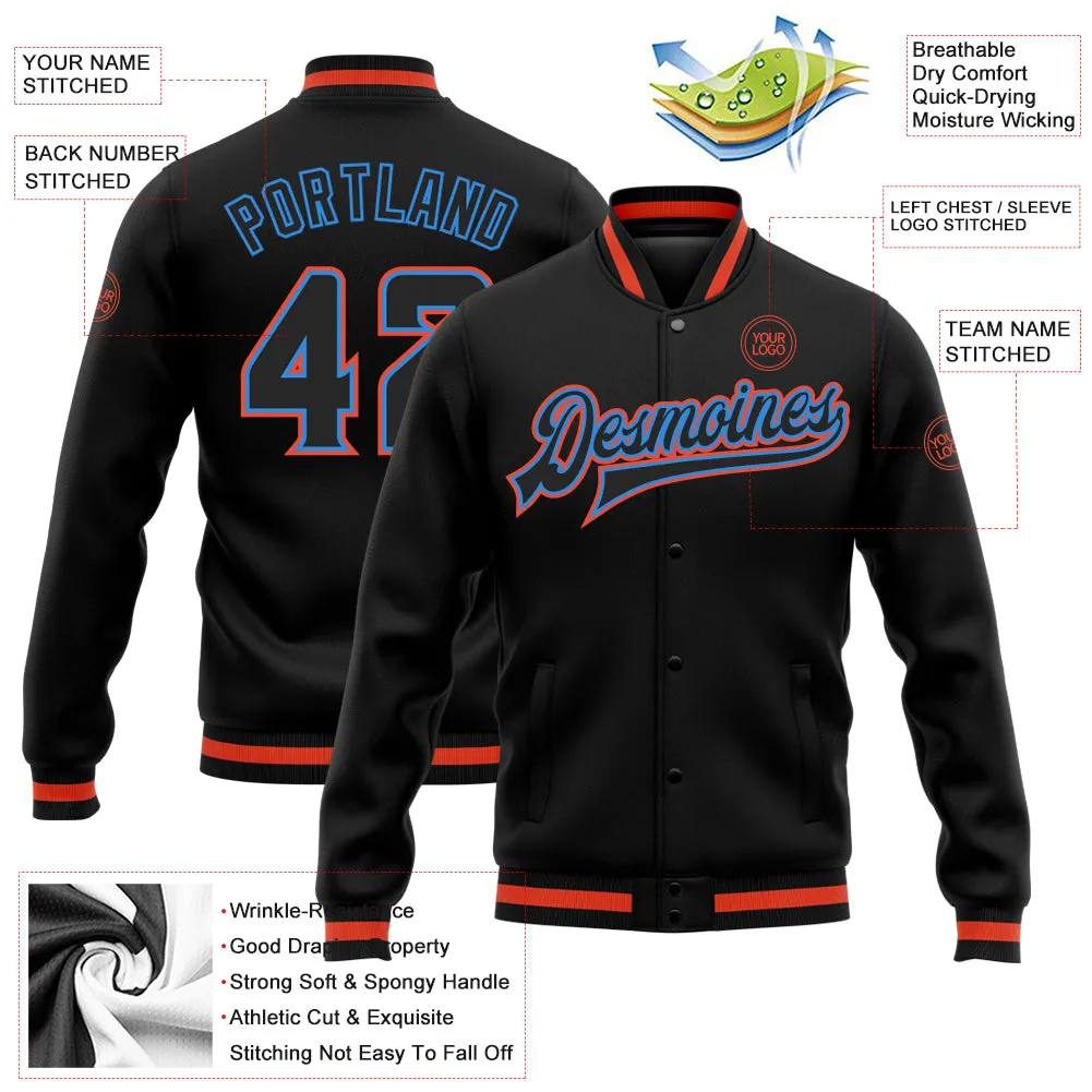 Custom Black Black Powder Blue-Orange Bomber Full-Snap Varsity Letterman Jacket