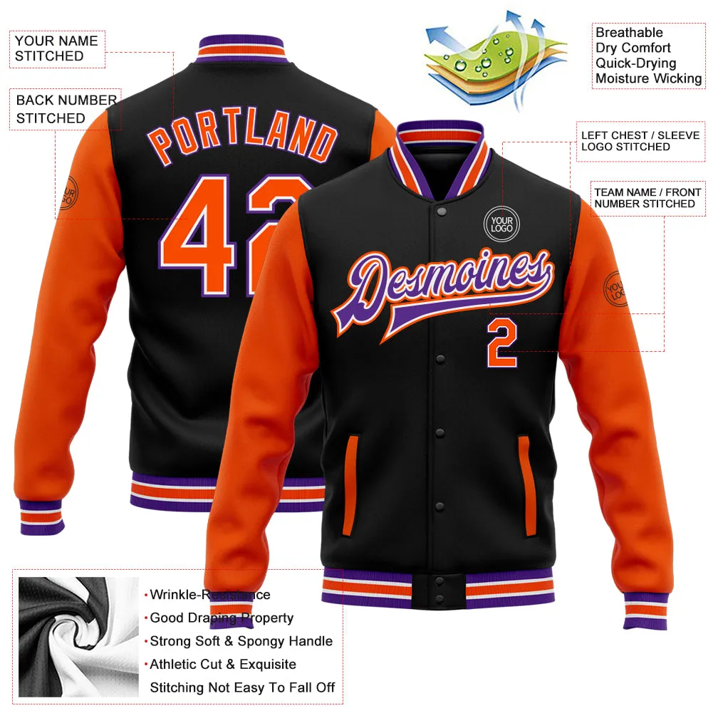 Custom Black Orange-Purple Bomber Full-Snap Varsity Letterman Two Tone Jacket