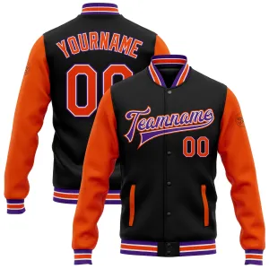 Custom Black Orange-Purple Bomber Full-Snap Varsity Letterman Two Tone Jacket