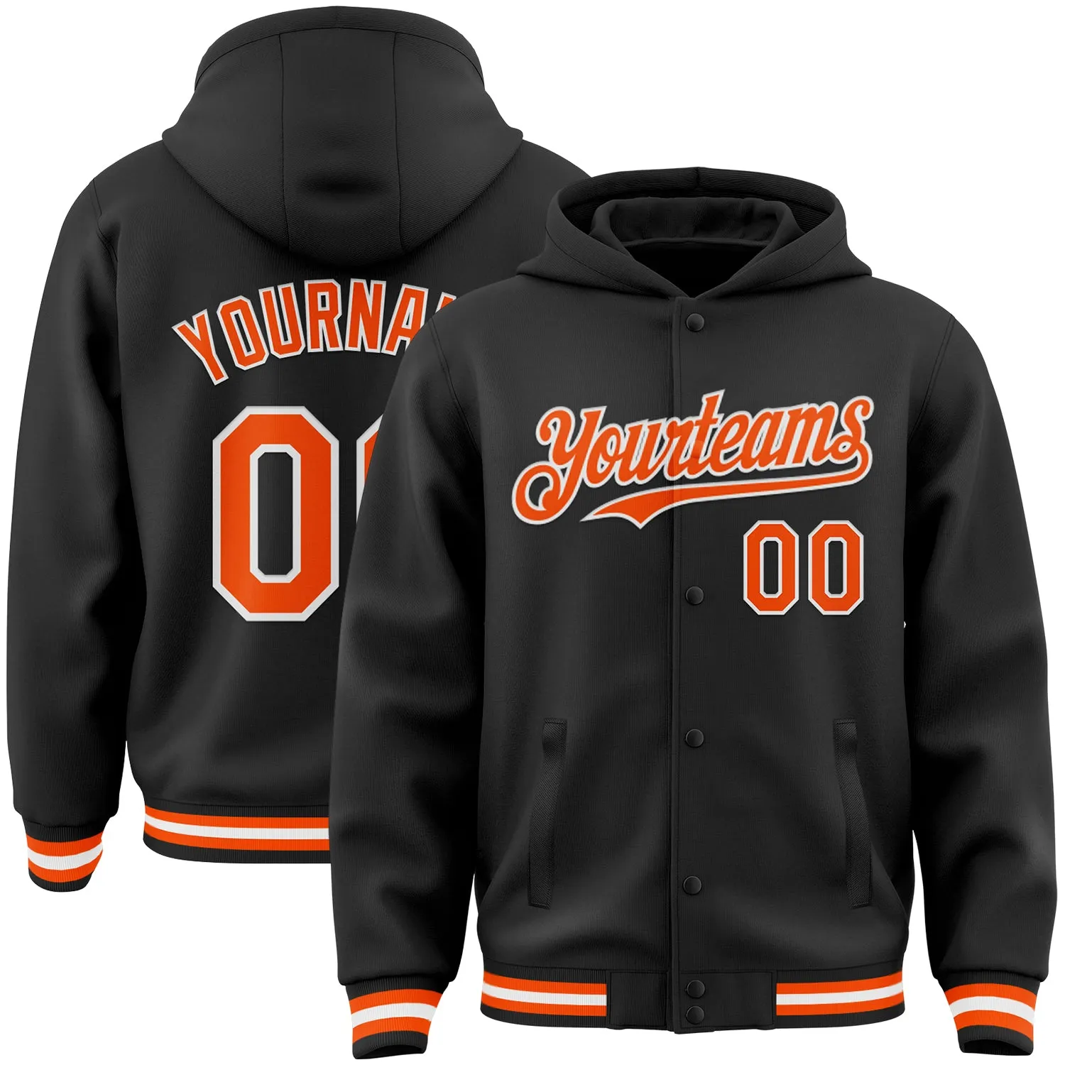 Custom Black Orange-White Bomber Full-Snap Varsity Letterman Hoodie Jacket