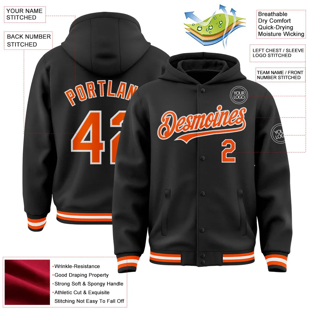 Custom Black Orange-White Bomber Full-Snap Varsity Letterman Hoodie Jacket