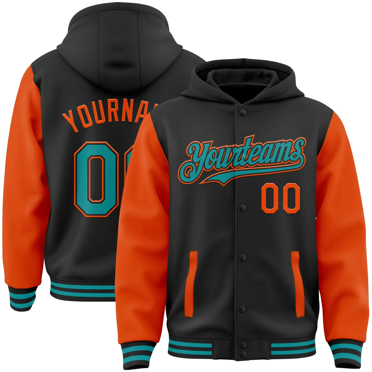 Custom Black Teal-Orange Bomber Full-Snap Varsity Letterman Two Tone Hoodie Jacket