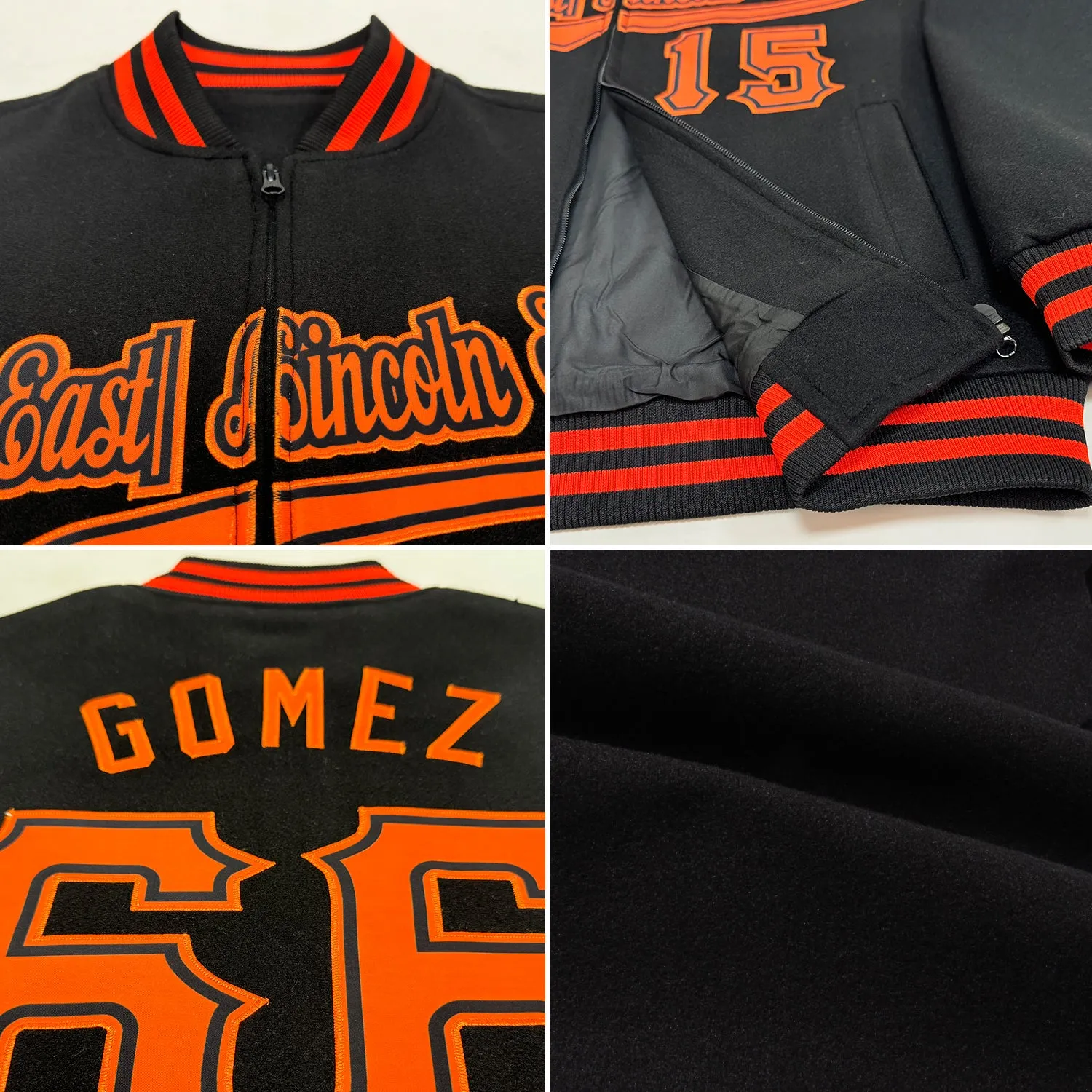 Custom Black Teal-Orange Bomber Varsity Letterman Two Tone Zipper Jacket