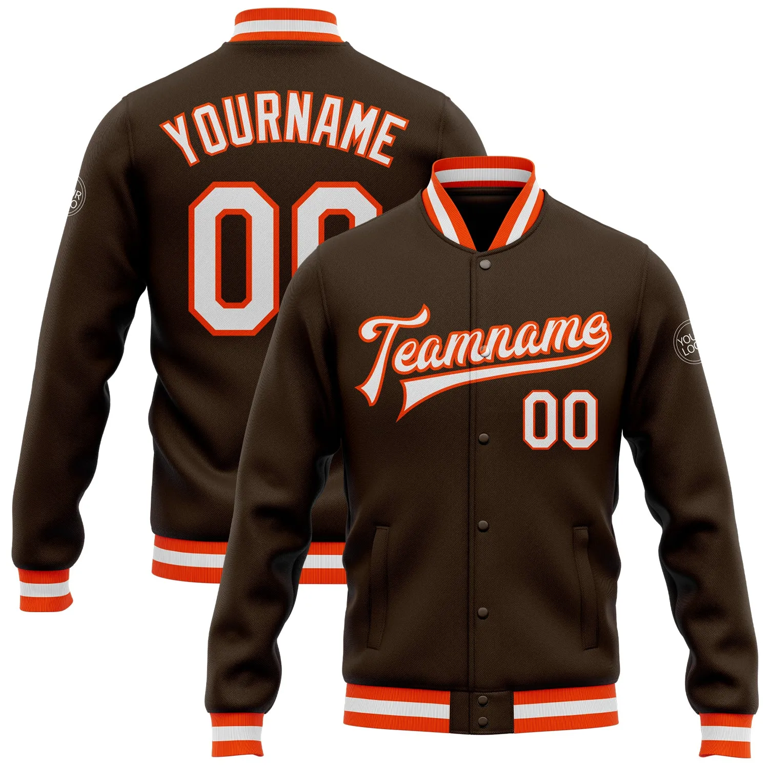 Custom Brown White-Orange Bomber Full-Snap Varsity Letterman Jacket