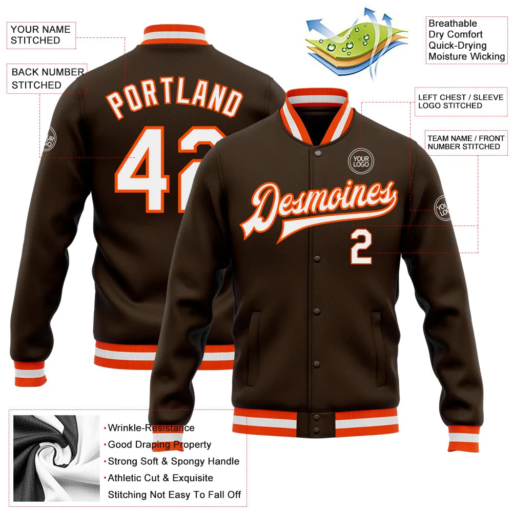 Custom Brown White-Orange Bomber Full-Snap Varsity Letterman Jacket