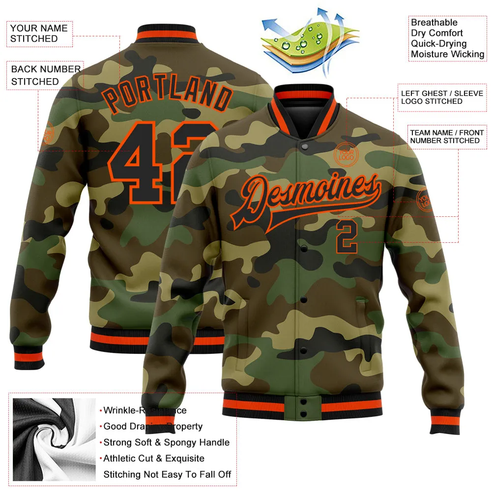 Custom Camo Black-Orange Bomber Full-Snap Varsity Letterman Salute To Service Jacket