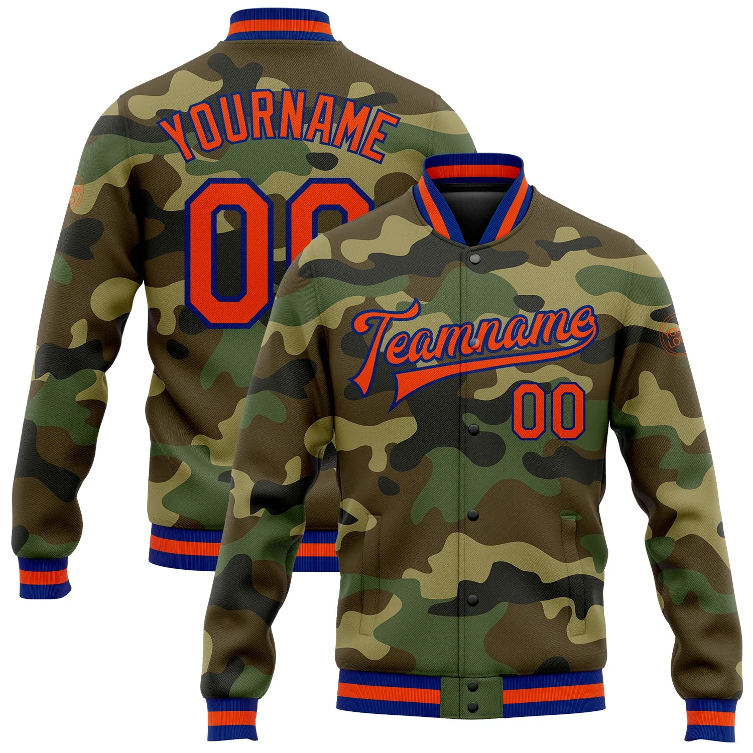 Custom Camo Orange-Royal Bomber Full-Snap Varsity Letterman Salute To Service Jacket