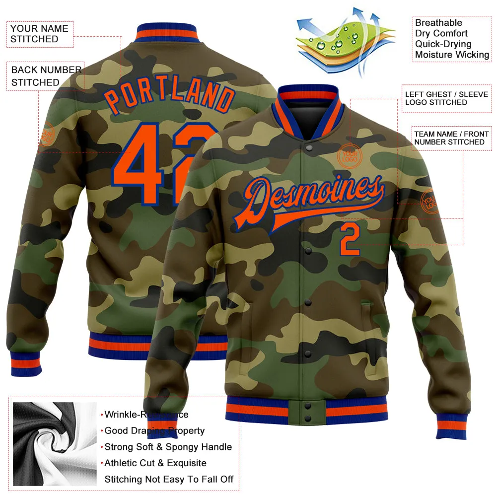 Custom Camo Orange-Royal Bomber Full-Snap Varsity Letterman Salute To Service Jacket